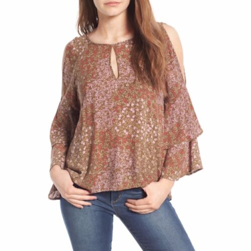 BP Women's Size Small Ruffle Cold Shoulder Blouse Olive Floral Printed Keyhole‎